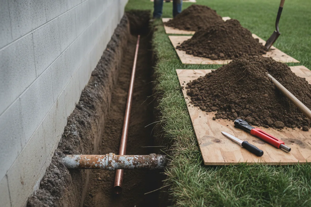 Excavated water line trench during Sewer Line Repair in Gulf Breeze